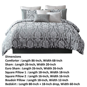 Benzara Emma 9 Piece Polyester Queen Comforter Set, Gray Silver Velvet Damask Print Gray And Silver Polyester And Velvet Bm283920