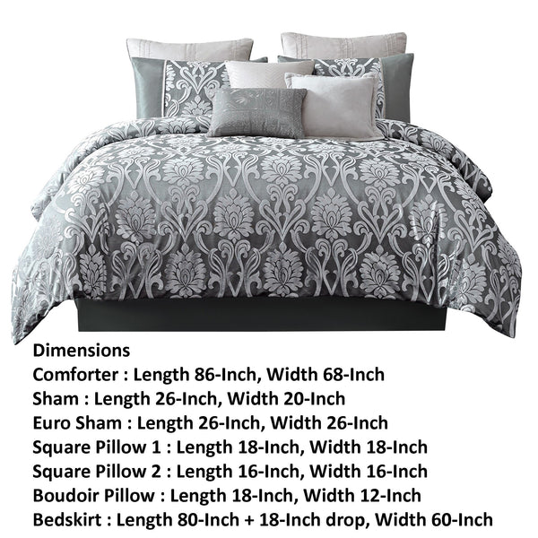 Benzara Emma 9 Piece Polyester Queen Comforter Set, Gray Silver Velvet Damask Print Gray And Silver Polyester And Velvet Bm283920