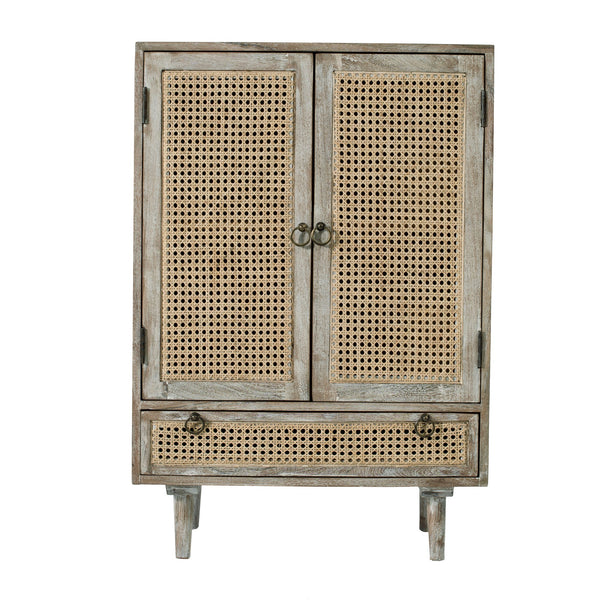 Benzara 38 Inch 2 Door Cabinet, 1 Drawer, Acacia Wood, Cane Front, Weathered White White Acacia Wood,Cane,Composite Wood Bm285400