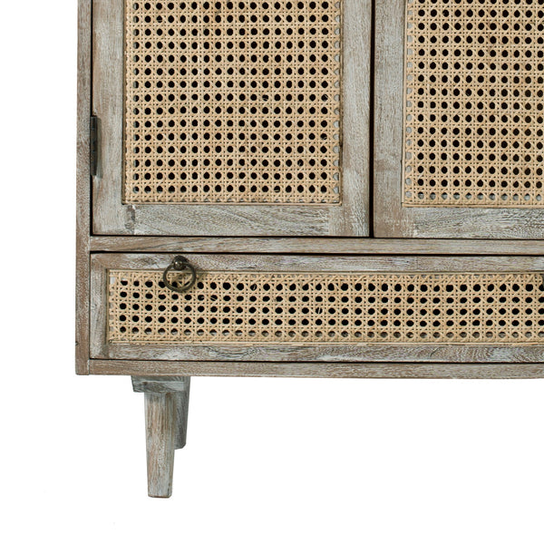 Benzara 38 Inch 2 Door Cabinet, 1 Drawer, Acacia Wood, Cane Front, Weathered White White Acacia Wood,Cane,Composite Wood Bm285400