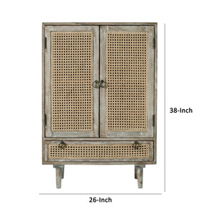 Benzara 38 Inch 2 Door Cabinet, 1 Drawer, Acacia Wood, Cane Front, Weathered White White Acacia Wood,Cane,Composite Wood Bm285400