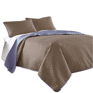 Benzara Eva 3 Piece King Microfiber Reversible Coverlet Set, Quilted, Blue, Brown Blue,Brown Microfiber Bm285606