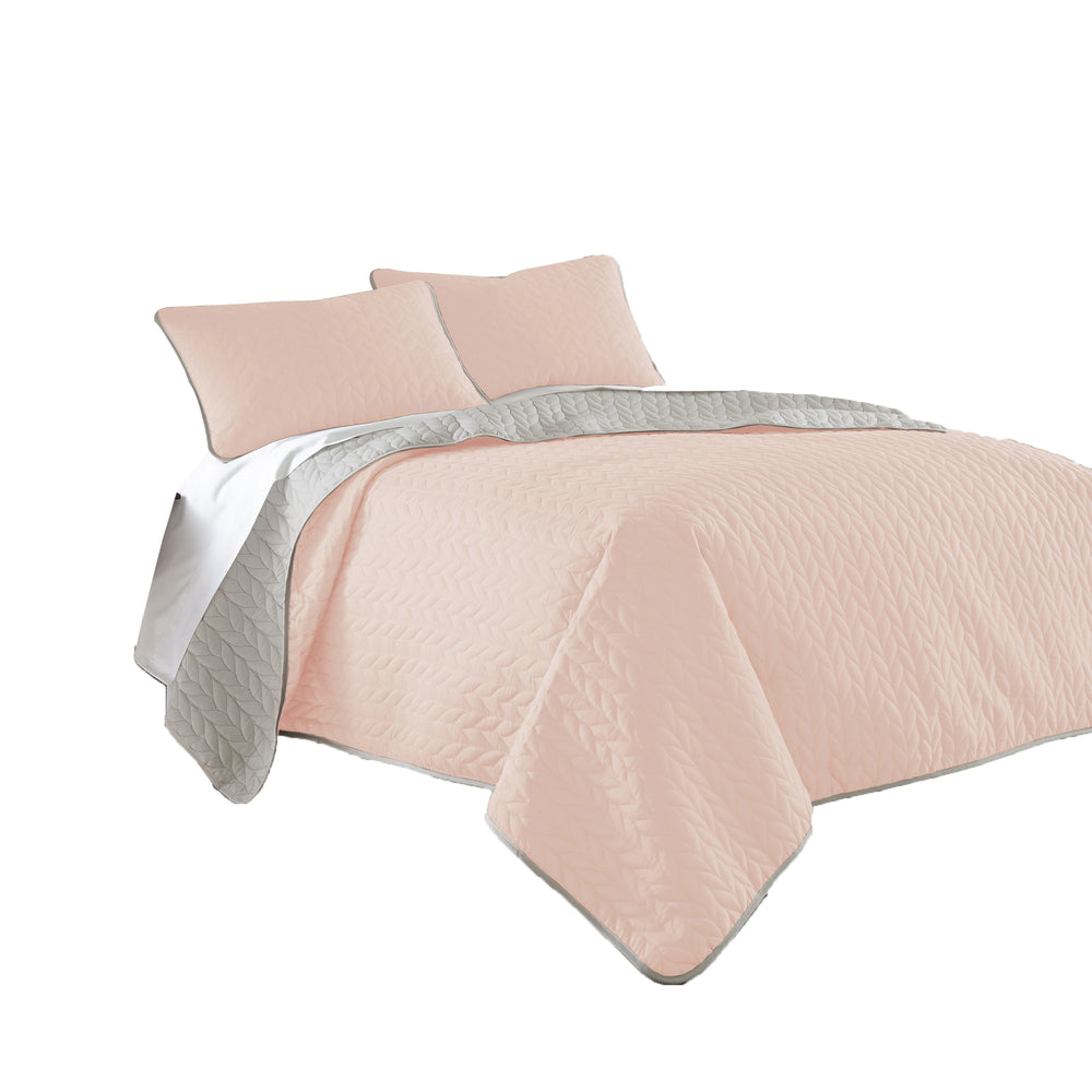 Benzara Eva 3 Piece King Microfiber Reversible Coverlet Set, Quilted, Gray, Pink Gray,Pink Microfiber Bm285658