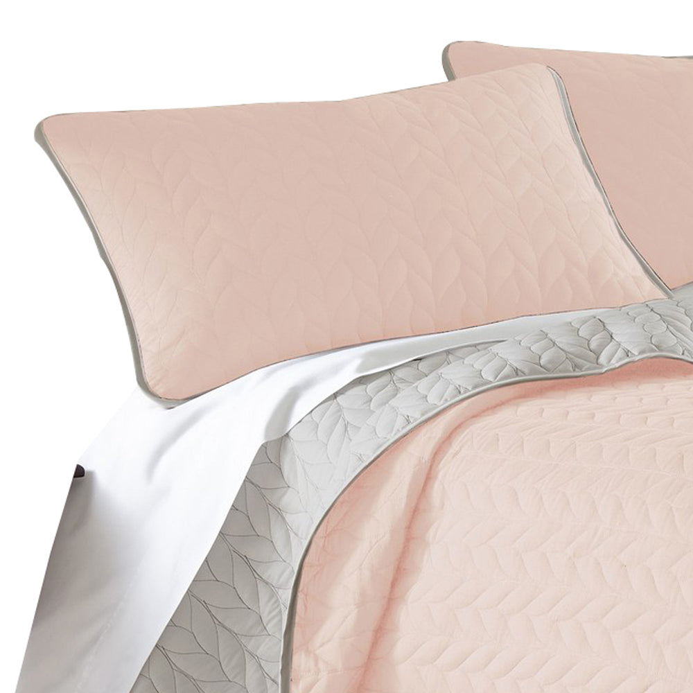 Benzara Eva 3 Piece King Microfiber Reversible Coverlet Set, Quilted, Gray, Pink Gray,Pink Microfiber Bm285658