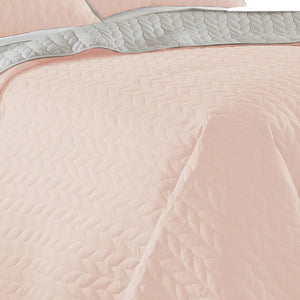 Benzara Eva 3 Piece King Microfiber Reversible Coverlet Set, Quilted, Gray, Pink Gray,Pink Microfiber Bm285658