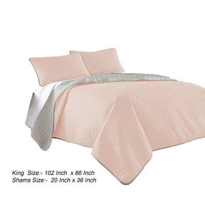 Benzara Eva 3 Piece King Microfiber Reversible Coverlet Set, Quilted, Gray, Pink Gray,Pink Microfiber Bm285658