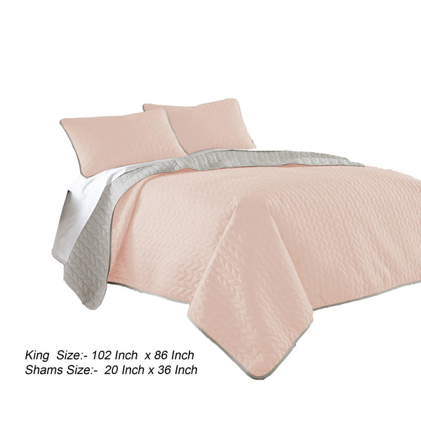 Benzara Eva 3 Piece King Microfiber Reversible Coverlet Set, Quilted, Gray, Pink Gray,Pink Microfiber Bm285658