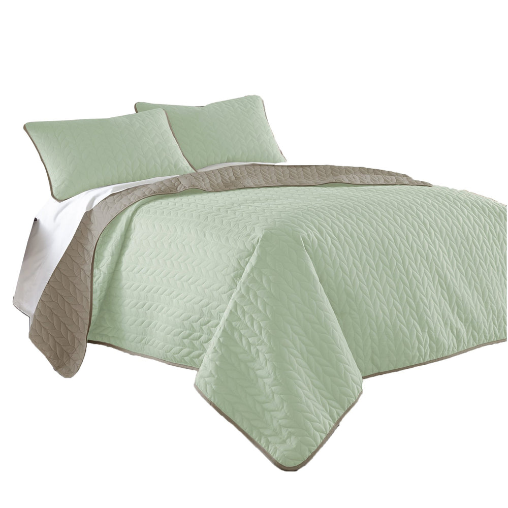 Benzara Eva 3 Piece King Microfiber Reversible Coverlet Set Quilted Gray Jade Green Gray,Green Microfiber Bm285664