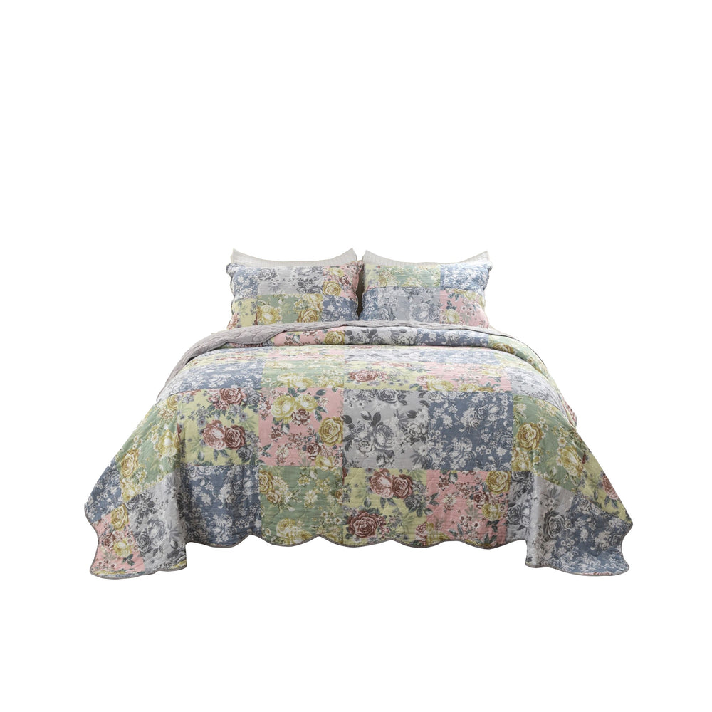 Benzara Eni 2 Piece Twin Xl Cotton Quilt Set, Pastel Blue Flowers, Scalloped Edges Blue,Green,Pink Cotton,Microfiber Bm294301