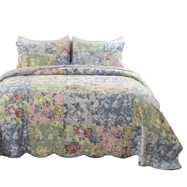 Benzara Eni 2 Piece Twin Xl Cotton Quilt Set, Pastel Blue Flowers, Scalloped Edges Blue,Green,Pink Cotton,Microfiber Bm294301