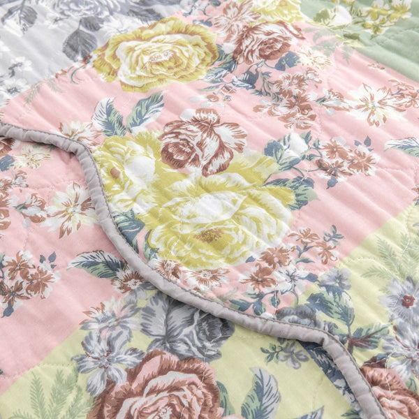 Benzara Eni 2 Piece Twin Xl Cotton Quilt Set, Pastel Blue Flowers, Scalloped Edges Blue,Green,Pink Cotton,Microfiber Bm294301