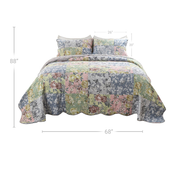 Benzara Eni 2 Piece Twin Xl Cotton Quilt Set, Pastel Blue Flowers, Scalloped Edges Blue,Green,Pink Cotton,Microfiber Bm294301