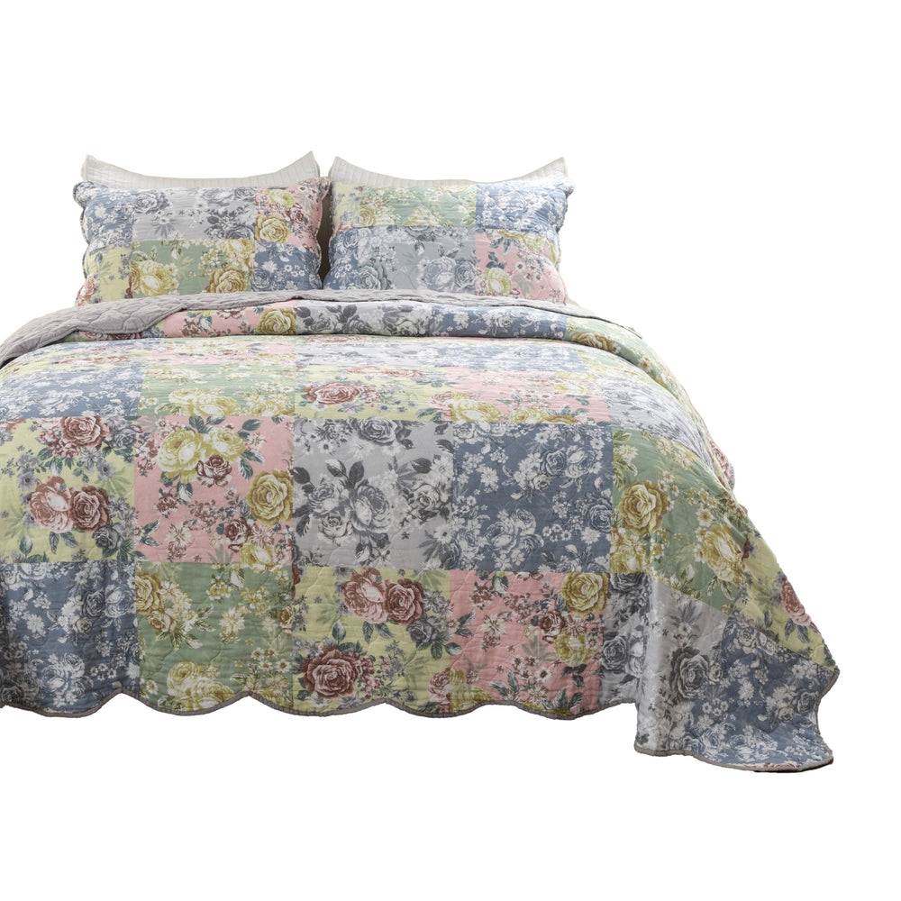 Benzara Eni 3 Piece Queen Cotton Quilt Set, Vibrant Pastel Blue Flowers, Scalloped Blue,Green,Pink Cotton,Microfiber Bm294302