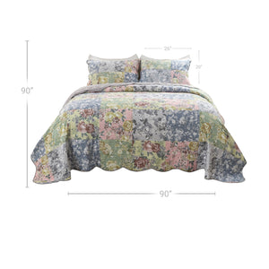 Benzara Eni 3 Piece Queen Cotton Quilt Set, Vibrant Pastel Blue Flowers, Scalloped Blue,Green,Pink Cotton,Microfiber Bm294302