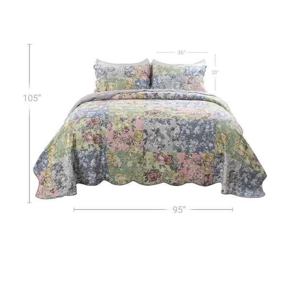 Benzara Eni 3 Piece California King Cotton Quilt Set, Pastel Blue Flower Design Blue,Green,Pink Cotton,Microfiber Bm294303