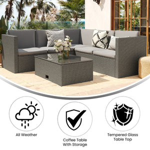 English Elm Roan Indoor/Outdoor L-Shaped Sectional Set with Storage Coffee Table for Stylish Relaxation & Comfort Gray Cushions/Gray Frame BN-WS404-GY-GY-GG