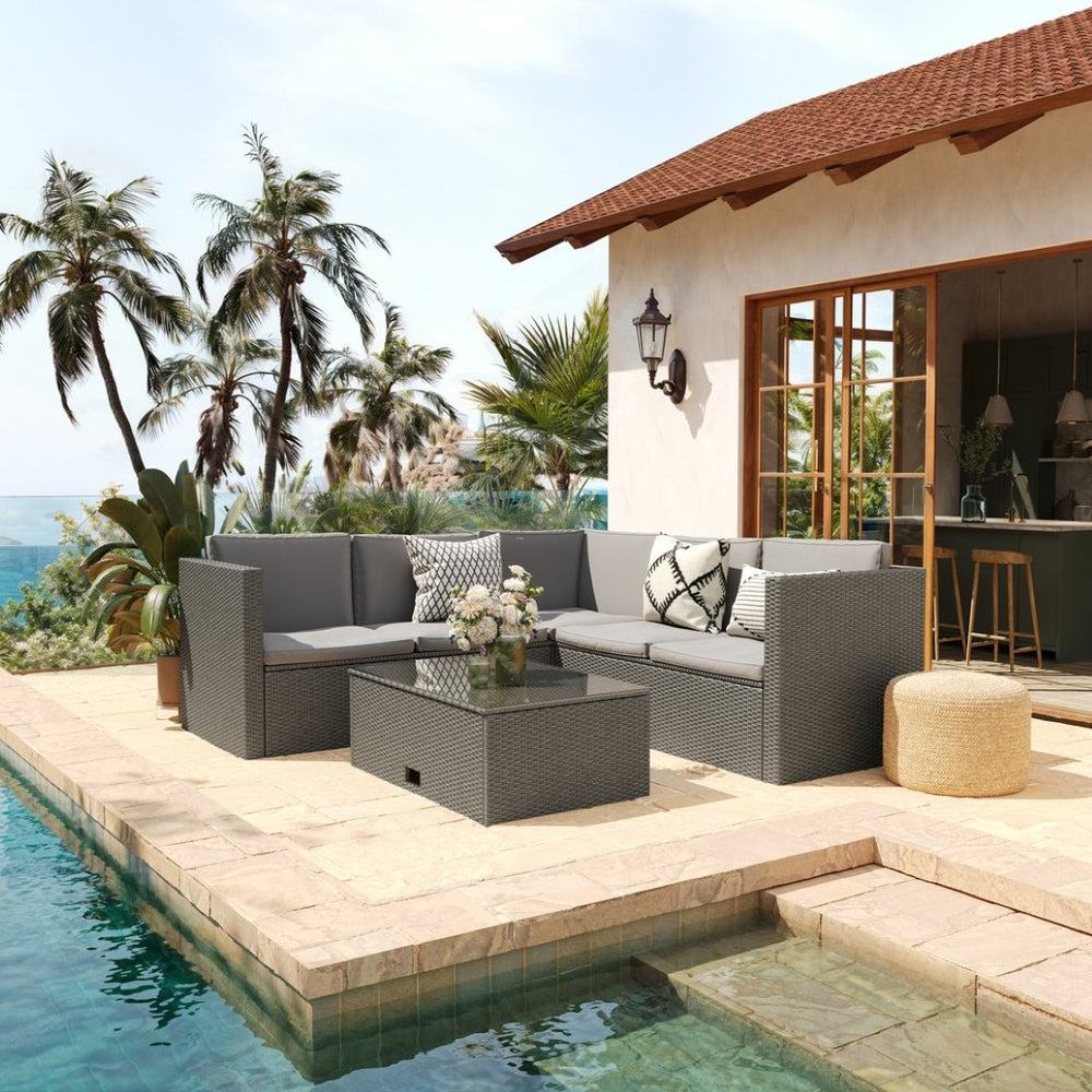 English Elm Roan Indoor/Outdoor L-Shaped Sectional Set with Storage Coffee Table for Stylish Relaxation & Comfort Gray Cushions/Gray Frame BN-WS404-GY-GY-GG