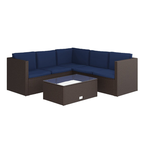 English Elm Roan Indoor/Outdoor L-Shaped Sectional Set with Storage Coffee Table for Stylish Relaxation & Comfort Navy Cushions/Brown Frame BN-WS404-NV-BR-GG