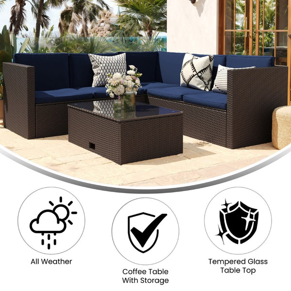 English Elm Roan Indoor/Outdoor L-Shaped Sectional Set with Storage Coffee Table for Stylish Relaxation & Comfort Navy Cushions/Brown Frame BN-WS404-NV-BR-GG