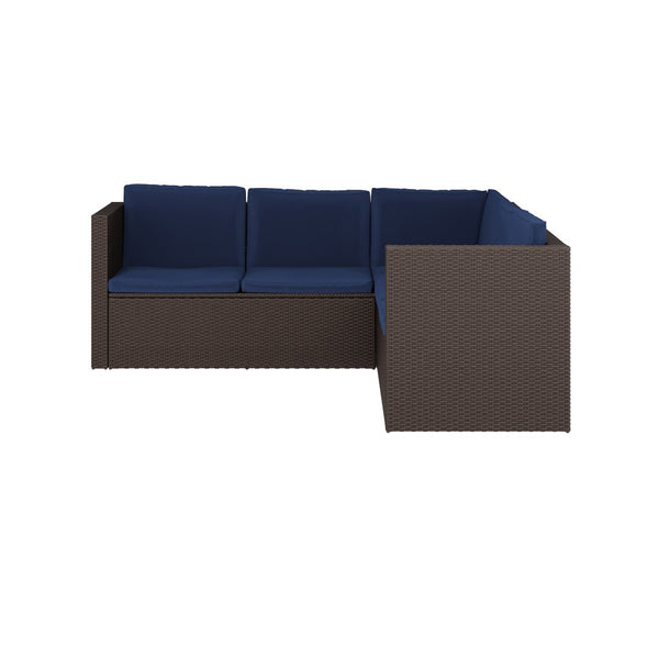 English Elm Roan Indoor/Outdoor L-Shaped Sectional Set with Storage Coffee Table for Stylish Relaxation & Comfort Navy Cushions/Brown Frame BN-WS404-NV-BR-GG