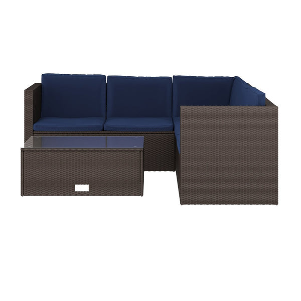 English Elm Roan Indoor/Outdoor L-Shaped Sectional Set with Storage Coffee Table for Stylish Relaxation & Comfort Navy Cushions/Brown Frame BN-WS404-NV-BR-GG
