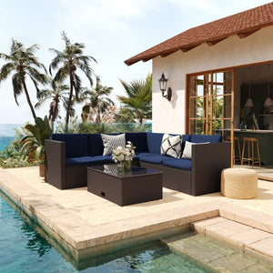 English Elm Roan Indoor/Outdoor L-Shaped Sectional Set with Storage Coffee Table for Stylish Relaxation & Comfort Navy Cushions/Brown Frame BN-WS404-NV-BR-GG