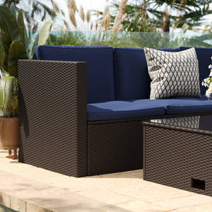 English Elm Roan Indoor/Outdoor L-Shaped Sectional Set with Storage Coffee Table for Stylish Relaxation & Comfort Navy Cushions/Brown Frame BN-WS404-NV-BR-GG
