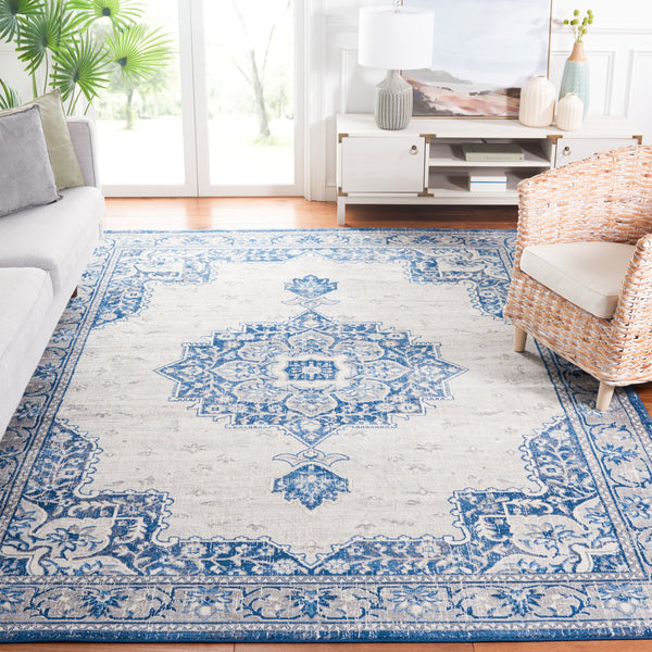 Safavieh Brentwood Medallion Area Rug In Blue And Ivory — Low-Profile Power-Loomed Turkish Square Rug, Durable Elegance 8'-0" x 8'-0" BNT826M-8SQ
