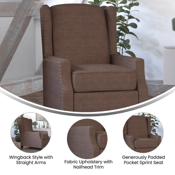English Elm Prescott Traditional Wingback Push-Back Recliner Chair with Elegant Nailhead Trim for Comfort Brown BO-BS7002-1-BR-GG