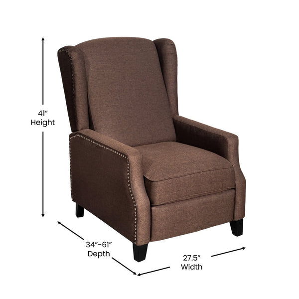 English Elm Prescott Traditional Wingback Push-Back Recliner Chair with Elegant Nailhead Trim for Comfort Brown BO-BS7002-1-BR-GG