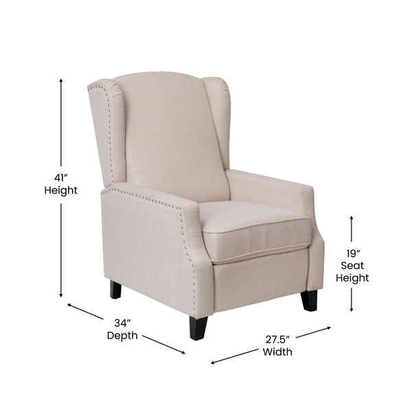 English Elm Prescott Traditional Wingback Push-Back Recliner Chair with Elegant Nailhead Trim for Comfort Cream BO-BS7002-1-CREAM-GG