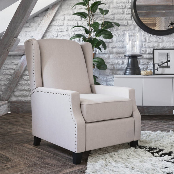 English Elm Prescott Traditional Wingback Push-Back Recliner Chair with Elegant Nailhead Trim for Comfort Cream BO-BS7002-1-CREAM-GG