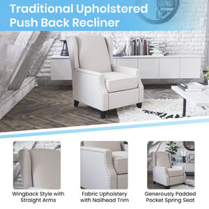 English Elm Prescott Traditional Wingback Push-Back Recliner Chair with Elegant Nailhead Trim for Comfort Cream BO-BS7002-1-CREAM-GG
