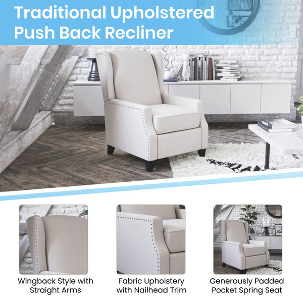 English Elm Prescott Traditional Wingback Push-Back Recliner Chair with Elegant Nailhead Trim for Comfort Cream BO-BS7002-1-CREAM-GG