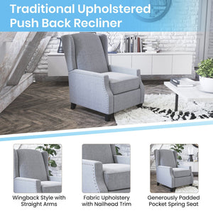 English Elm Prescott Traditional Wingback Push-Back Recliner Chair with Elegant Nailhead Trim for Comfort Gray BO-BS7002-1-GY-GG