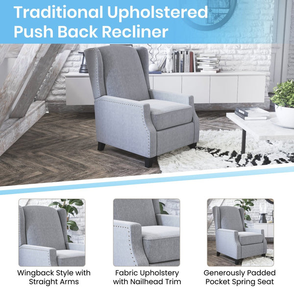 English Elm Prescott Traditional Wingback Push-Back Recliner Chair with Elegant Nailhead Trim for Comfort Gray BO-BS7002-1-GY-GG