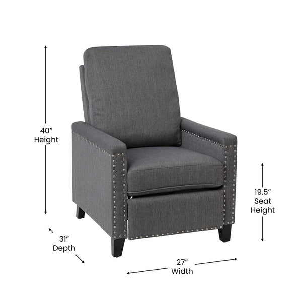 English Elm Carson Transitional Push Back Recliner Chair - Cozy Gray Upholstery & Nailhead Trim Design for Comfort BO-BS7003-GY-GG