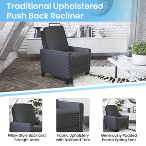 English Elm Carson Transitional Push Back Recliner Chair - Cozy Gray Upholstery & Nailhead Trim Design for Comfort BO-BS7003-GY-GG