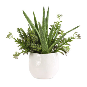 Uttermost Sundown Succulent Accent Planter – Modern Glossy White Ceramic With Vibrant Arid Plants Green,White Polyfoam,Plastic,Iron,Ceramic 60244