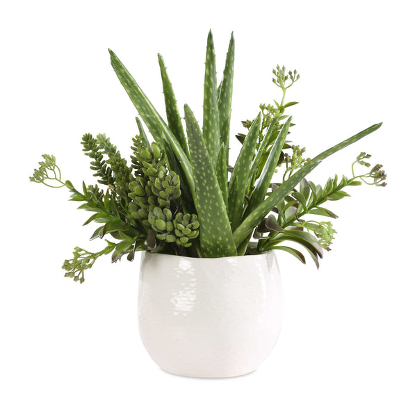 Uttermost Sundown Succulent Accent Planter – Modern Glossy White Ceramic With Vibrant Arid Plants Green,White Polyfoam,Plastic,Iron,Ceramic 60244