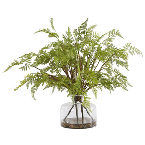 Uttermost Woodland Fern Centerpiece - Lush Fern Fronds In Clear Glass Jar With Natural River Rocks Green Plastic,Iron Wire & Glass 60245