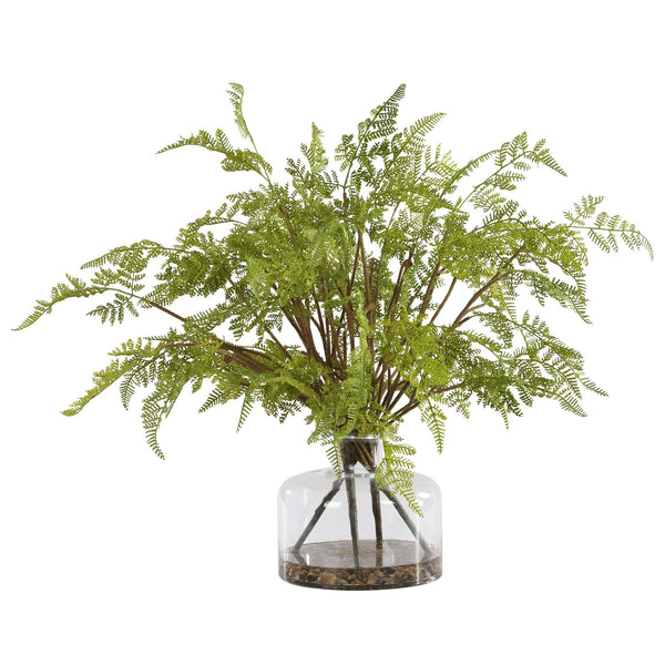 Uttermost Woodland Fern Centerpiece - Lush Fern Fronds In Clear Glass Jar With Natural River Rocks Green Plastic,Iron Wire & Glass 60245