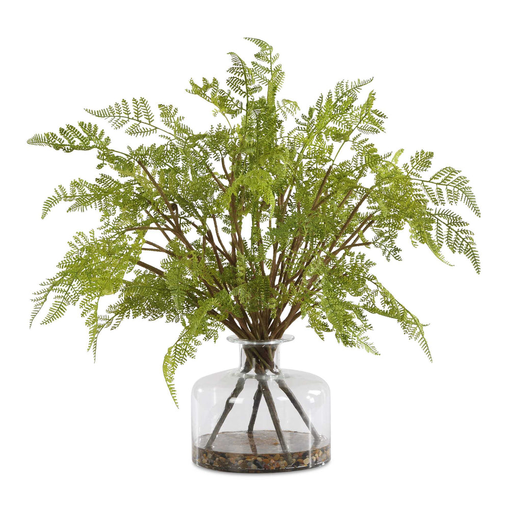 Uttermost Woodland Fern Centerpiece - Lush Fern Fronds In Clear Glass Jar With Natural River Rocks Green Plastic,Iron Wire & Glass 60245