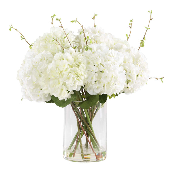 Uttermost Anastasia Hydrangea Centerpiece - Elegant Cream Blooms In Glass Vase With Faux Water White Polyester,Plastic & Glass 60248