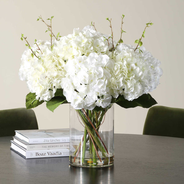 Uttermost Anastasia Hydrangea Centerpiece - Elegant Cream Blooms In Glass Vase With Faux Water White Polyester,Plastic & Glass 60248