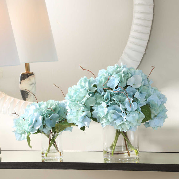 Uttermost Tranquil Blue Blooms In Elegant Glass Vases - Lush Hydrangeas Set Of 2 For Stylish Decor Blue Polyester,Plastic & Glass 60249