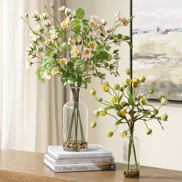 Uttermost Tranquility Lenten Rose Bouquets Set Of 2 - Elegant Hellebore Decor With Glass Jars Green,Pink,Yellow Polyester,Plastic,Iron Wire & Glass 60251