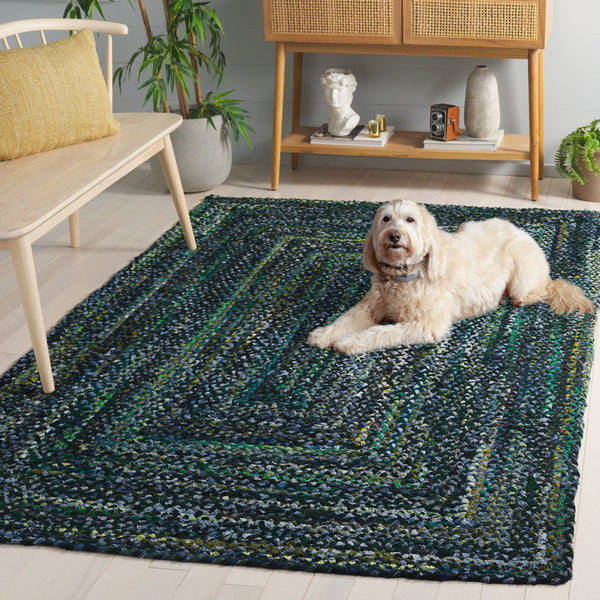 Safavieh Braided Hand-Woven Dark Green & Blue Cotton Rug — Boho Coastal Style, Soft Durable Comfort Rug 5'-0" x 8'-0" BRD210Y-5