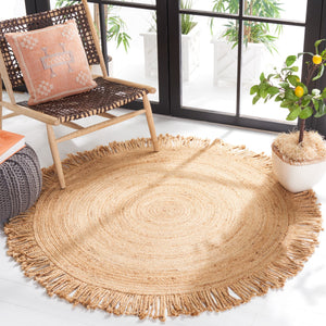 Safavieh Braided Jute Round Rug With Fringe — Handcrafted, Low-Profile Natural Fiber Rug For Boho Living Spaces 7'-0" x 7'-0" BRD259A-7R