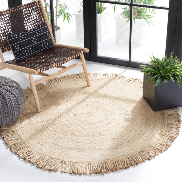 Safavieh Braided Jute Round Rug With Fringe — Handwoven Beige Coastal Boho Texture, Durable Natural Fiber Rug 7'-0" x 7'-0" BRD259B-7R